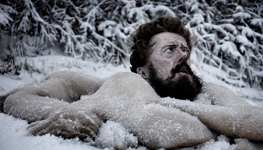 Image similar to 1 9 6 0 s movie still close up of marcus aurelius ill tired frozen to death under the snow by the side of a river with gravel, pine forests, cinestill 8 0 0 t 3 5 mm, high quality, heavy grain, high detail, texture, dramatic light, anamorphic, hyperrealistic, detailed hair, burning sun