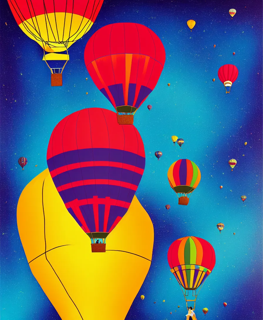 Prompt: portrait of a single man flying in hot air balloon in the colorful space, in the style of greg rutsowski, dark background, hyper realistic