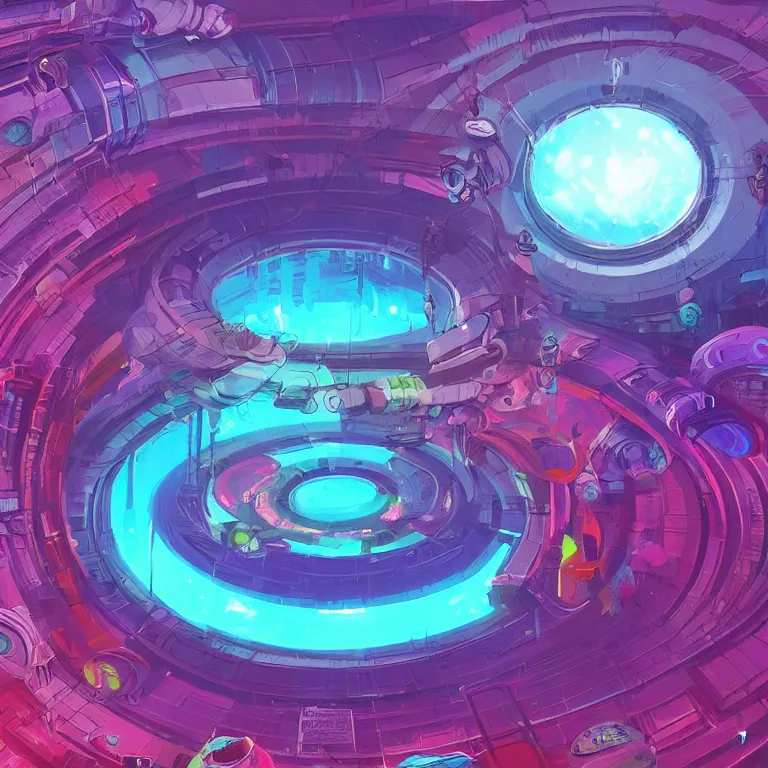 Image similar to a circle!! spiral!! portal!!! structure floating in space!!, cyberpunk, epic surrealism, indigo, purple, bright red, cyan, detailed digital matte painting in the style of simon stalenhag and painting by ralph mcquarrie