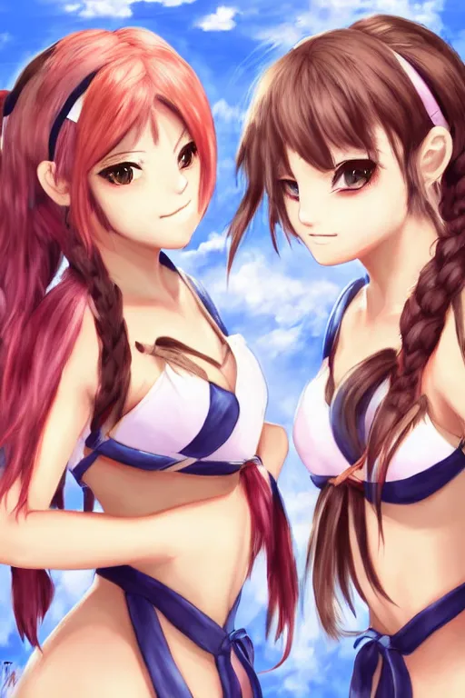 Image similar to two beautiful female fighters with pigtails facing each other, detailed anime art