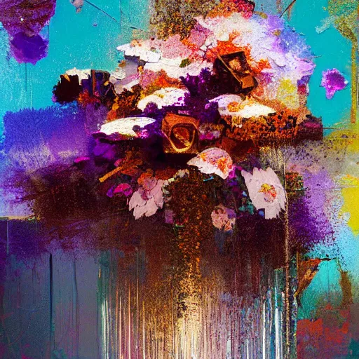 Prompt: a beautiful glitched abstract geometric painting by robert proch and robert heindel of a bouquet of flowers, color bleeding, pixel sorting, copper oxide and rust materials, brushstrokes by jeremy mann, cold top lighting, pastel purple background