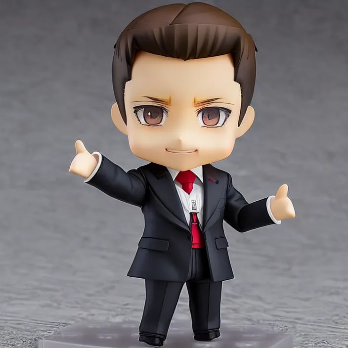 Image similar to a anime nendoroid of elon musk wear giorgio armani suits and black shoe, car tesla 3, figurine, smile, product photo, detailed