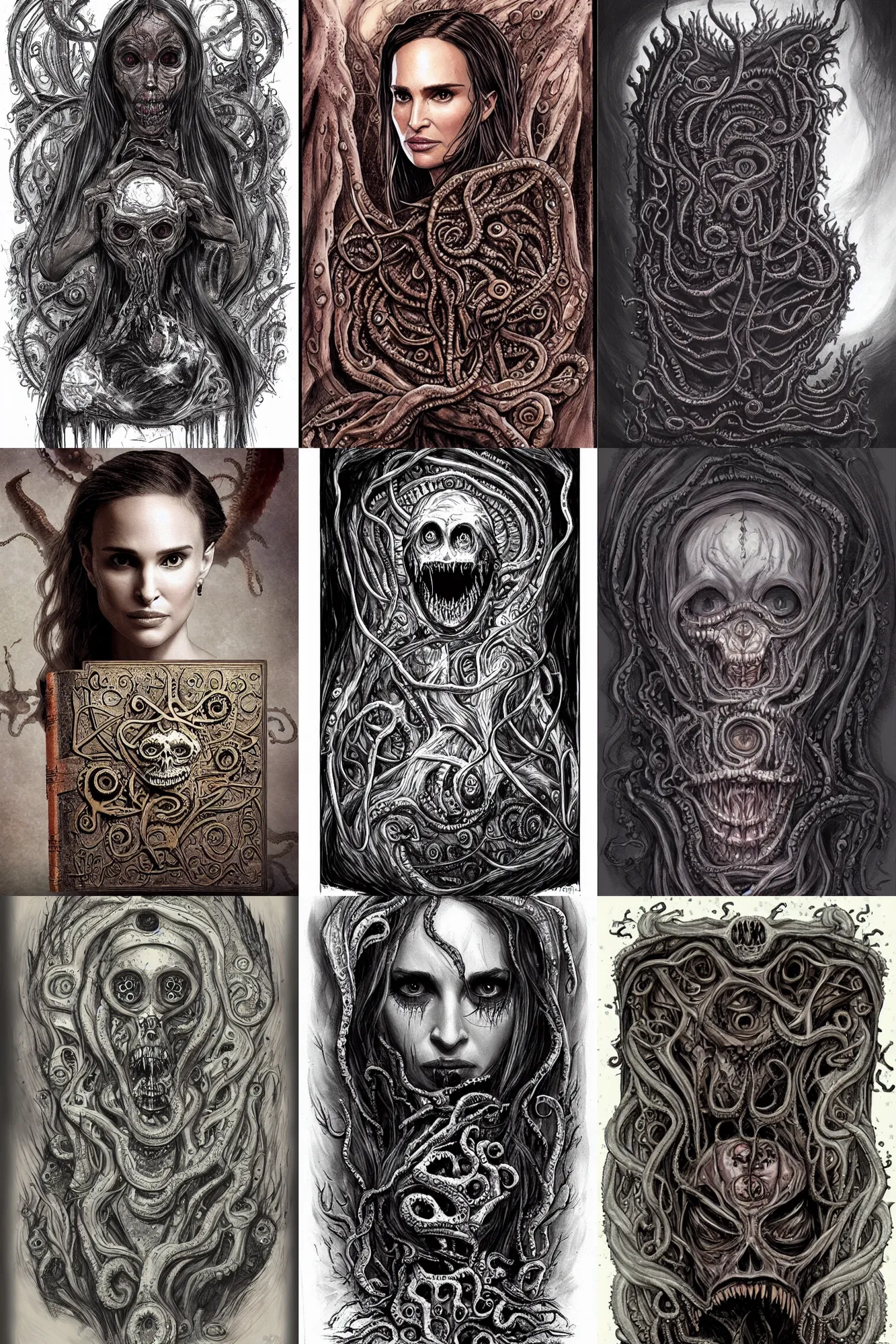 Prompt: Lovecraftian concept art of the Necronomicon with Natalie Portman's face on it, grotesque, photorealistic, horror