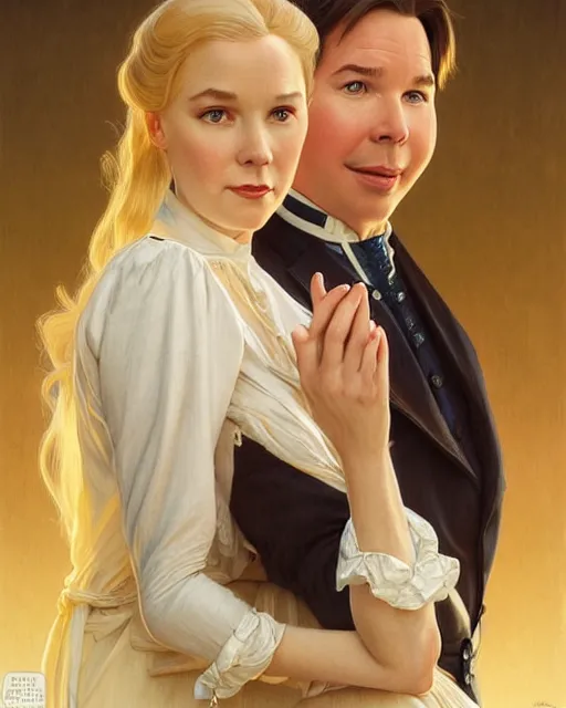 Image similar to Portrait of a  blonde lady and Michael mcintyre as characters in the Sound of Music,real life skin, intricate, elegant, highly detailed, artstation, concept art, smooth, sharp focus, art by artgerm and greg rutkowski and alphonse mucha