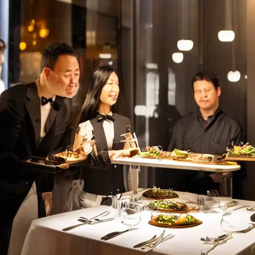 Prompt: a high-end restaurant where robots feed you by hand