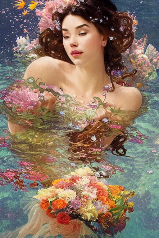 Image similar to portrait of a beautiful mysterious woman holding a bouquet of flowing flowers, small bubbles from her mouth, hands hidden under the bouquet, submerged underwater filled with colorful small fish and coral reef, fantasy, regal, intricate, by stanley artgerm lau, greg rutkowski, thomas kindkade, alphonse mucha, loish, norman rockwell