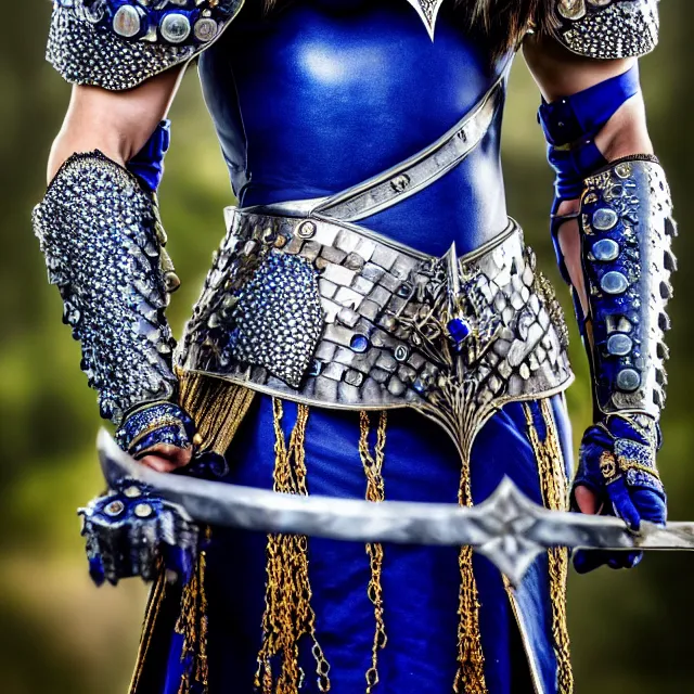 Image similar to full length photo of a beautiful warrior queen wearing sapphire encrusted armour, highly detailed, 8 k, hdr, smooth, sharp focus, high resolution, award - winning photo