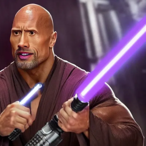 Prompt: dwayne johnson with a purple lightsaber in brown robes