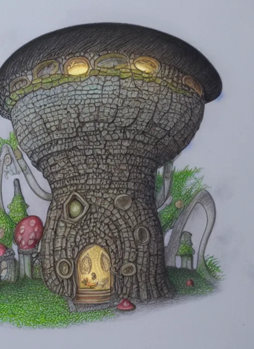 Image similar to a hybrid between a mushroom and a house,, insanely detailed, studio light, 3 d rendering, colored pencil