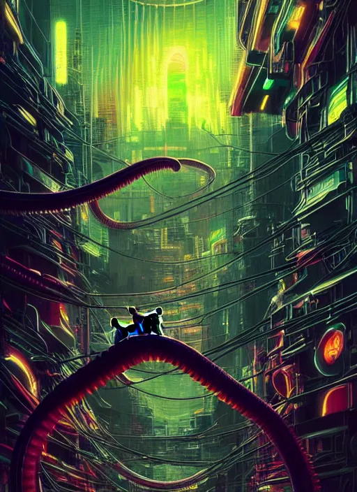 Image similar to cats cyborg inside an scifi tentacles wires futuristic city, beautiful neon cats, cinematic, highly detailed, photorealistic, rich bright colors, trending on artstation, giger, tsutomu nihei, trending on cgsociety, awe inspiring bruce pennington cityscape, digital art painting of 1 9 6 0 s