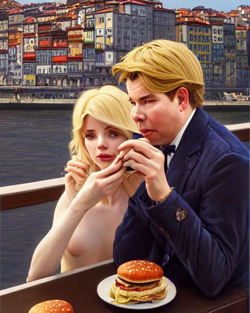 Image similar to Portrait of a blonde lady and Michael mcintyre eating ice burgers in Porto waterfront,real life skin, intricate, elegant, highly detailed, artstation, concept art, smooth, sharp focus, art by artgerm and greg rutkowski and alphonse mucha