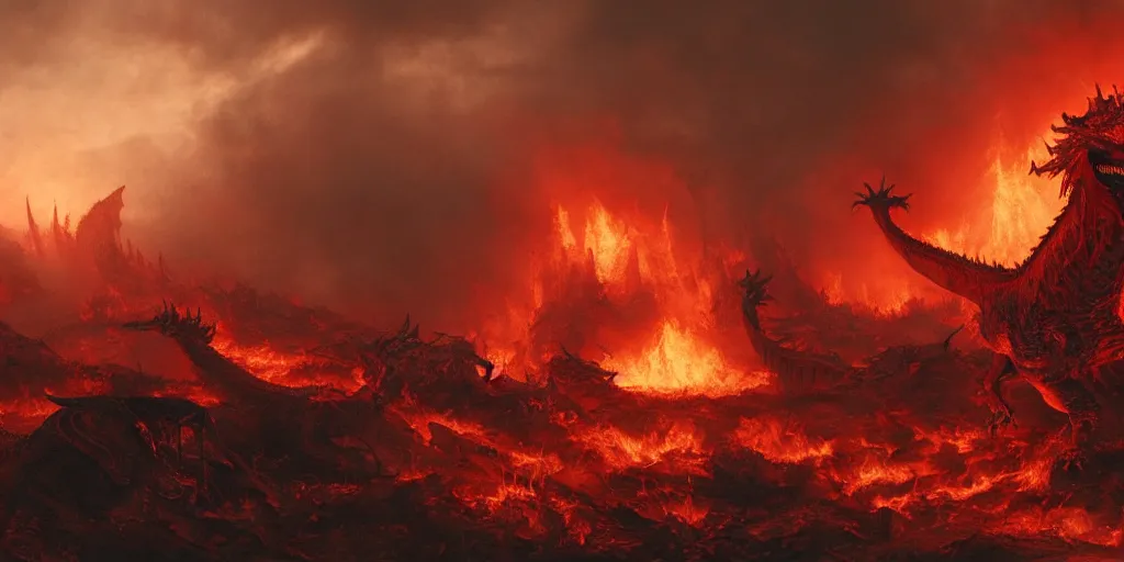 Image similar to a dragon born on the flames, post - war scenery, red - toned mist, epic environment, skeletons, ultra wide angle, 8 k, ultra _ realistic, art by nills ham and alan lee