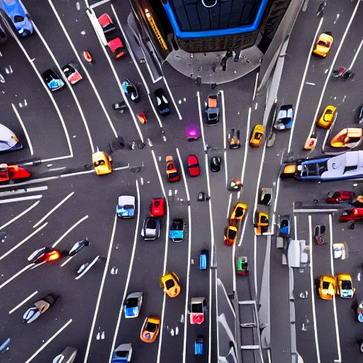Prompt: Photo of busy Manhattan traffic in the year 3000, view from top floor, include flying cars, flying emergency vehicles, hyper detailed, exterior shot, establishing shot, 500px, drone footage, style = retro-futurism, art-deco, The Fifth Element movie