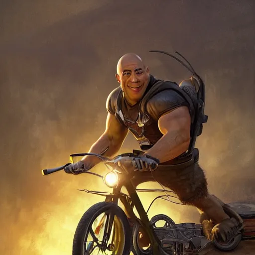 Image similar to shrek rides a bicycle motor and beats vin diesel in fast and furious race while wearing a helmet, highly detailed, digital painting, artstation, concept art, smooth, sharp focus, illustration, art by artgerm and greg rutkowski and alphonse mucha