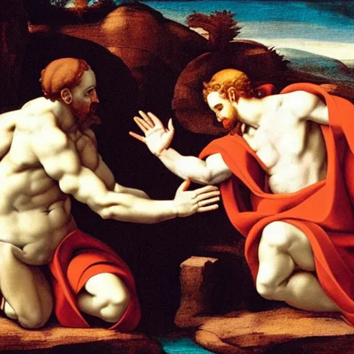 Prompt: touching fingers adam god The Creation of Adam in the style of Michelangelo