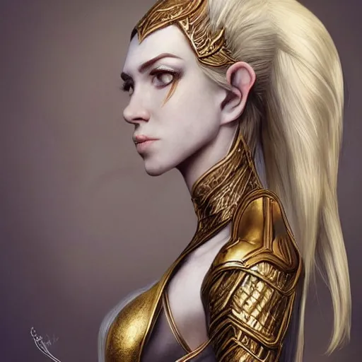 Image similar to side portrait!!! of a female elven warrior, fantasy, head tilted down, white hair, gold armour, gold jewelry, white skin, detailed face, trending on artstation, gsociety, D&D, elegant, highly detailed, sophisticated, hyperrealistic!!!!!, detailed illustration, smooth, sharp focus, upper body, intricate, rule of thirds, holy glow, backlit, hd 4k by Greg Rutkowski, Charlie Bowater, Karol Bak