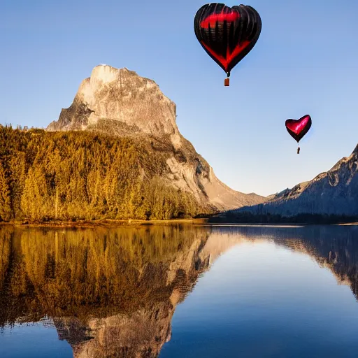 Prompt: photo of two black swans touching heads making a heart with their necks, in a beautiful reflective mountain lake, a colorful hot air balloon is reflecting off the water