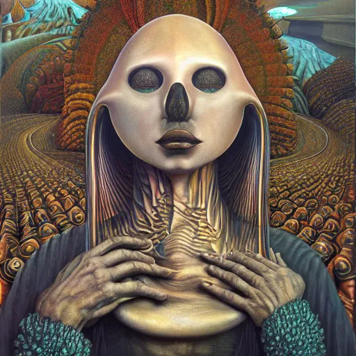 Prompt: mother of pearl by jacek yerka, alex gray, zdzisław beksiński, dariusz zawadzki, vladimir kush, jeffrey smith and h.r. giger, oil on canvas, 8k highly professionally detailed, trending on artstation