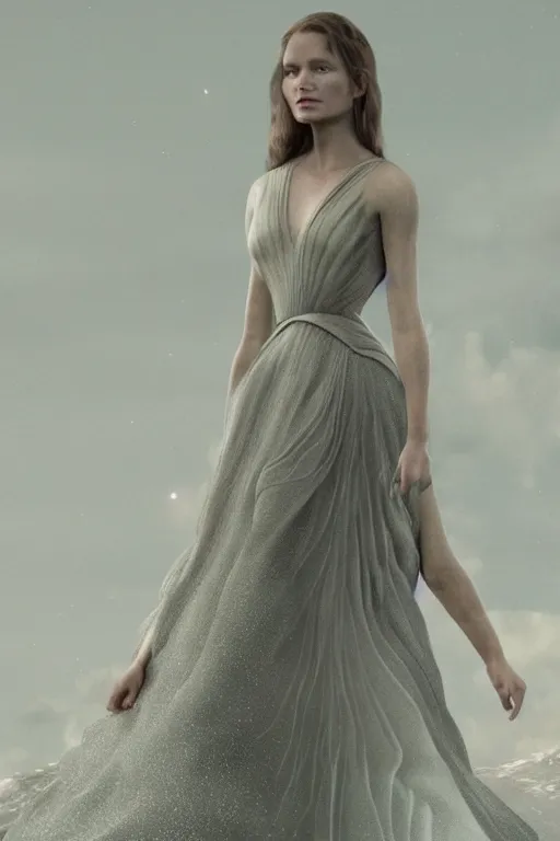 Prompt: Elegant Beautiful dress Inspired by Interstellar with a Beautiful atmospheric background by Carlos Paboudjian. Ultra HD, Realistic. Octane Render, V-Ray. Hyper realism. Ultra Detailed. Sharp. 50mm, f/1.8