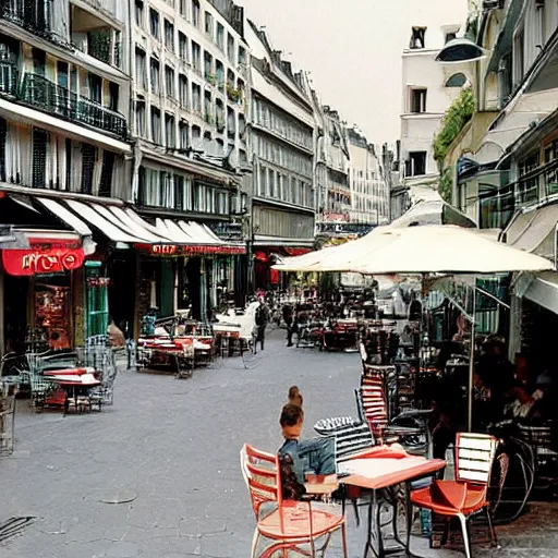 Prompt: une rue de paris vide avec des voitures garees, un restaurant avec une terrasse, des boutiques avec des neons, en debut de matinee ( ( ( ( ( en 2 0 0 5 ) ) ) ) )