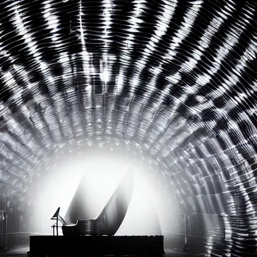 Image similar to large scale art installation. generative visuals about space projected on single big suspended sphere inside giant and dark printworks london venue. big mirror floor reflect sphere and piano. live music piano concert. stage design. fog, hazer and light in dark