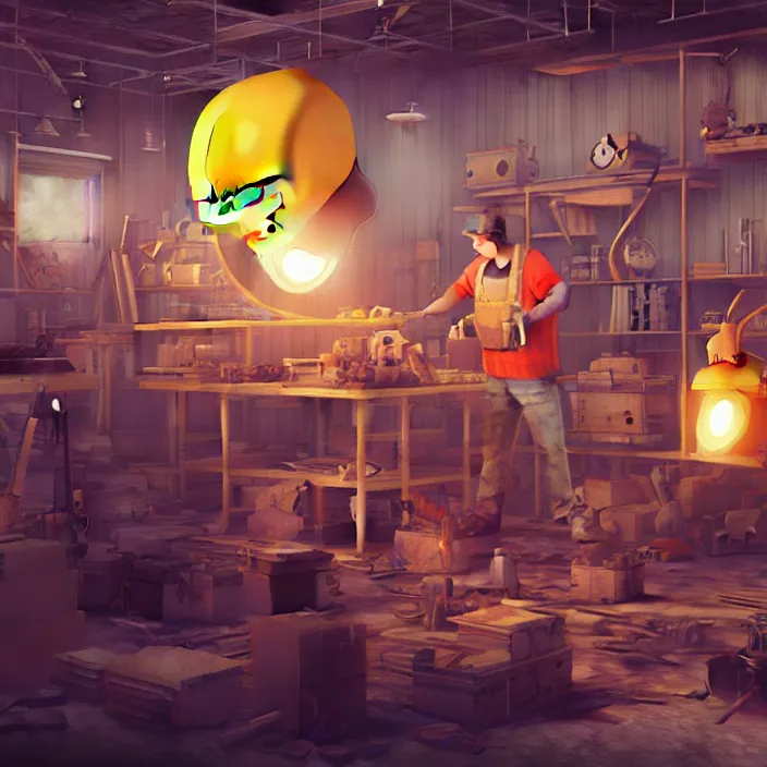 Image similar to crew of workers building giant mickey mouse head in quaint workshop, octane render, 4 k ultra hd, hyper - detailed, realistic, seedy lighting, sharp focus, in style of beeple