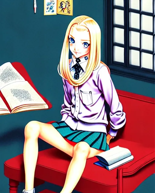 Image similar to illustration depicting a wealthy young mischievous female prep school student with medium length bright blonde hair and pale skin, in an old study room smoking her dad's cigarettes, complex artistic style, color ink pen illustration, subtle detailing, illustrated by Artgerm and Range Murata.