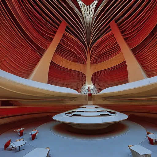 Image similar to interior of a futuristic lotus temple with gold, red and white marble panels, in the desert, by buckminster fuller and syd mead, intricate contemporary architecture, photo journalism, photography, cinematic, national geographic photoshoot