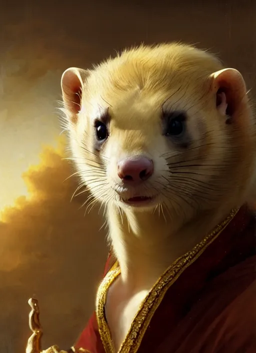 Prompt: a beautiful closeup shot from a fantasy film of a humanoid ferret with golden eyes wearing a loose tunic. an anthropomorphic ferret with gold eyes. portrait. joseph ducreux, greg rutkowski.