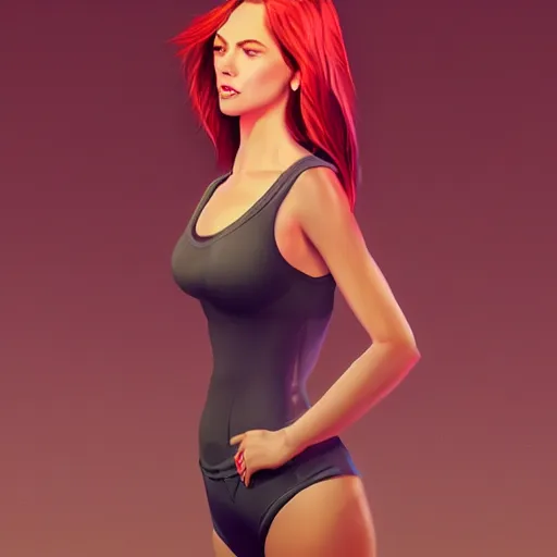 Image similar to a woman wearing a leotardt, full body shot, red hair, highly detailed, digital painting, artstation, concept art, smooth, sharp focus, illustration