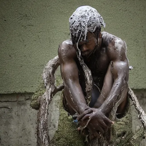 Prompt: The art installation shows a man caught in a storm, buffeted by wind and rain. He clings to a tree for support, but the tree is bent nearly double by the force of the storm. The man's clothing is soaked through and his hair is plastered to his head. His face is contorted with fear and effort. wabi-sabi, coloring-in sheet by William Steig lush