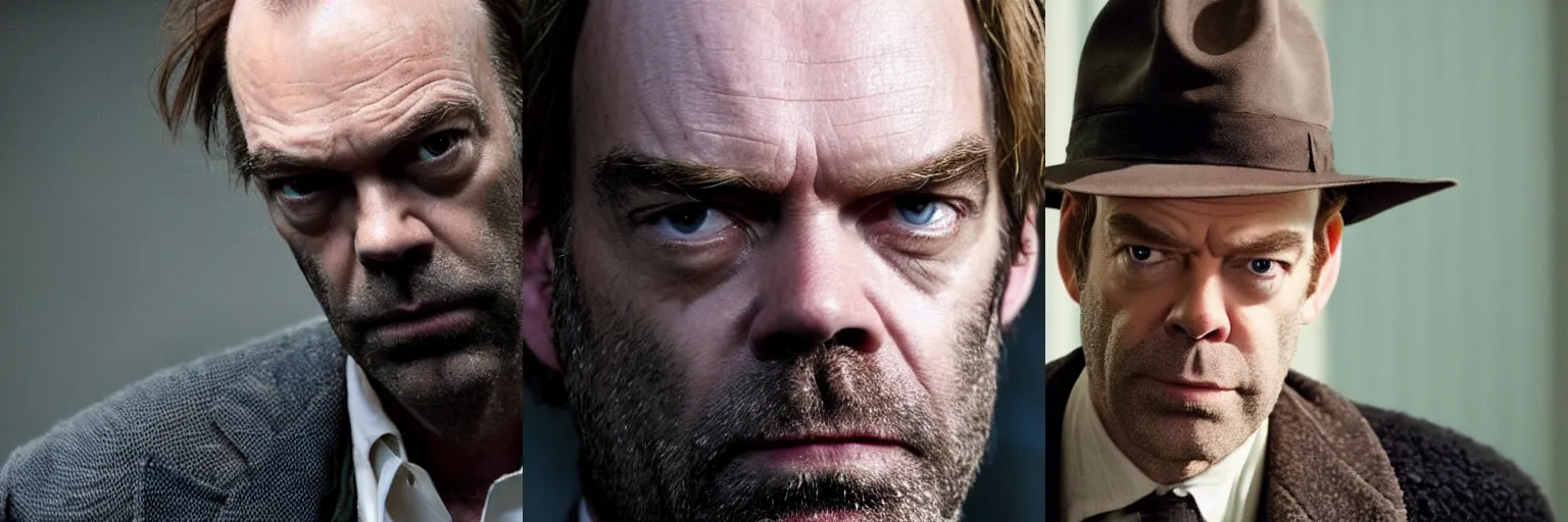 Prompt: close-up of Hugo Weaving as a detective in a movie directed by Christopher Nolan, movie still frame, promotional image, imax 70 mm footage
