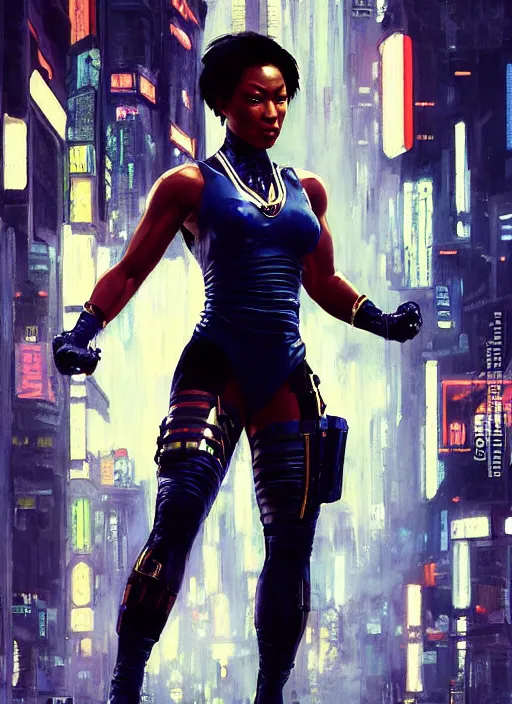 Image similar to black chun li doing high kick. cyberpunk police trooper in a military vest ( blade runner 2 0 4 9, cyberpunk 2 0 7 7 ). orientalist portrait by john william waterhouse and james gurney and theodore ralli and nasreddine dinet, oil on canvas. cinematic, hyper realism, realistic proportions, dramatic lighting, high detail 4 k