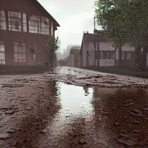 Prompt: still photo of rain puddles and reflections in a muddy village, cloudy weather, highly detailed, photorealistic shot, bright studio setting, studio lighting, crisp quality and light reflections, unreal engine 5 quality render