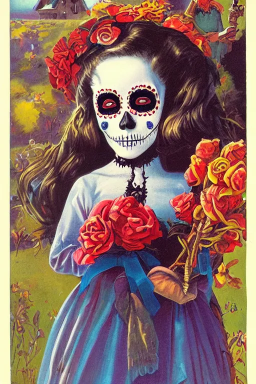 Prompt: Illustration of a day of the dead girl, art by john philip falter