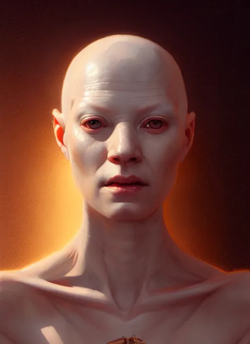 Prompt: portrait of an albino bald sick oracle, ancient oracle, intricate, elegant, glowing lights, highly detailed, digital painting, artstation, concept art, smooth, sharp focus, art by wlop, mars ravelo and greg rutkowski