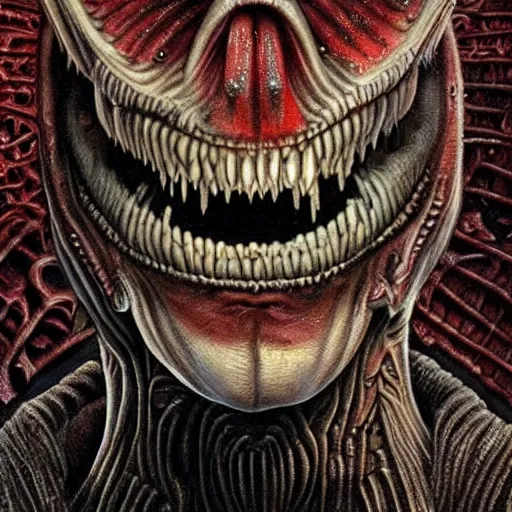 Image similar to alien trump, sharpt teeth, by h. r. giger, nightmare fuel, nightmarish, intricate, highly detailed, optical illusion, president trump