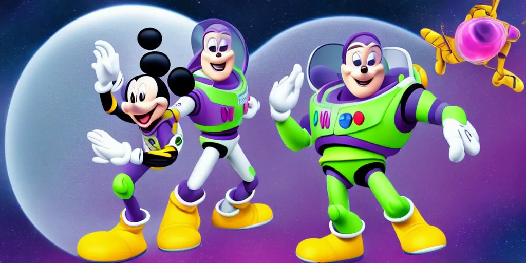 Image similar to mickey face, buzz lightyear body, space background, cinematic