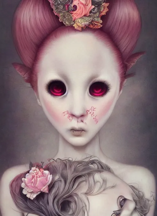 Image similar to pop surrealism, lowbrow art, realistic cute girl painting, japanese street fashion, hyper realism, muted colours, rococo, natalie shau, loreta lux, tom bagshaw, mark ryden, trevor brown style,