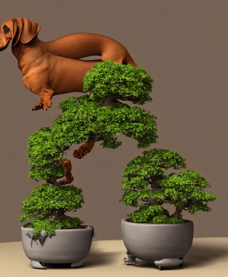 Image similar to Dachshund boabab hybrid in a bonsai pot, cinematic lighting, 8k, artstation