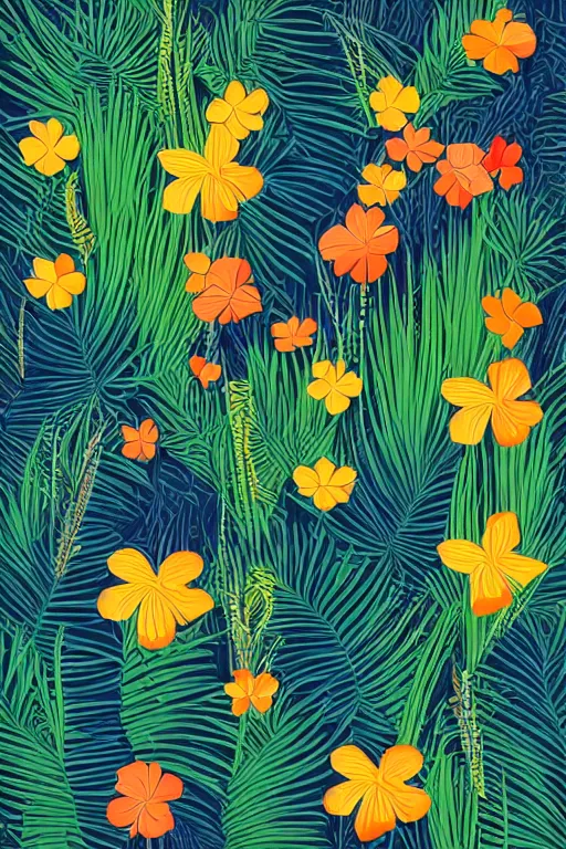 Image similar to moody vector illustration of tropical flowers and green reeds, multiple cohesive colors ranging from warm blues to bright oranges on a ((very dark background)), 4K resolution