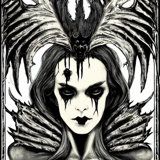 Image similar to pale decaying queen, crown of evil, devil bat wings, cinematic horror movie, dark liminal hell, emerald flames, lies in beauty evil