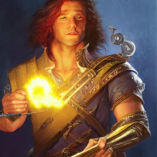 Image similar to beautiful portrait painting of a very short and small male halfing bard from pathfinder, evil smirk, narcissist, self centered, casting fireball, painted by larry elmore, wayne reynolds, greg rutkowski, magic the gathering, dungeons and dragons, dishonored 2