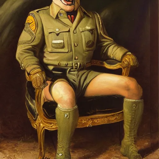 Image similar to a oil painting of a anthropomorphic german shepherd beast - man, wearing military outfit, sitting on an armchair