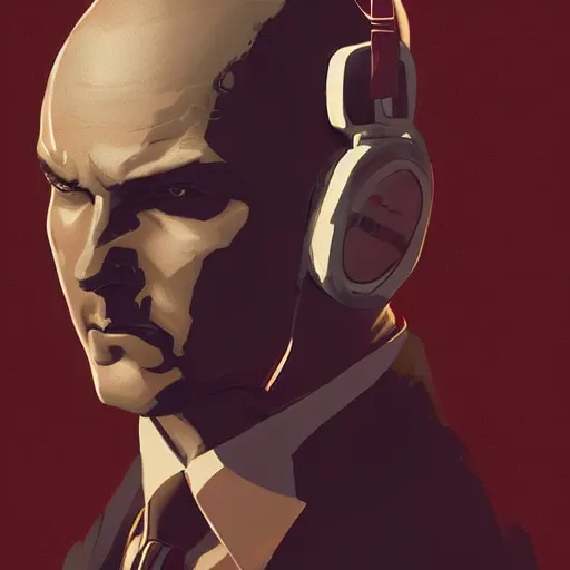 Image similar to a portrait of agent 4 7 from hitman wearing headphones, dark background, red rim light, digital art, artstation, art by yoji shinkawa