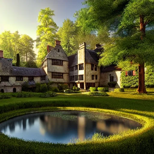 Image similar to an elizabethan manor house next to a pine forest, with a fishpond and courtyard, blue sky, sunny, detailed, volumetric, cinematic lighting, realistic, digital art by greg rukowski