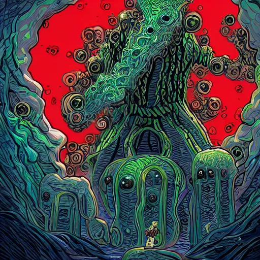 Image similar to creatures from beyond time and space surrounded by cosmic horror, lovecraftian monster, big tech corporate art style, memphis design