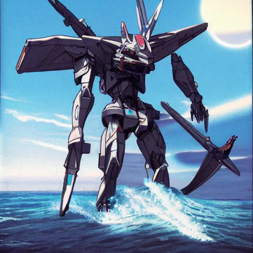 Image similar to shark gundam, amphibious combat mecha stepping onto a beach holding a scifi weapon by wayne barlowe, pascal blanche, gundam box art