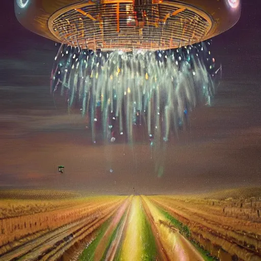 Image similar to a beautiful painting by thomas brom trending on artstation A farm of disco balls, by beeple and james gurney trending onartstation A supersonic irrigation device invented in the woodmarked plain