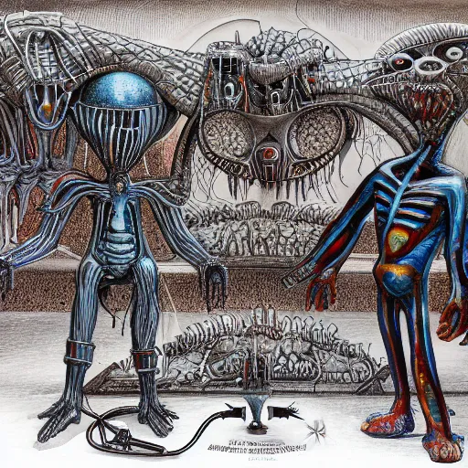 Image similar to ronald mcdonald versus queen alien by h. r. giger highly detailed, cinematic, panoramic